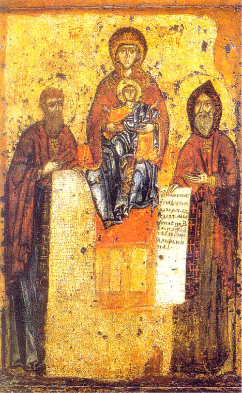 Пресвятая Богородица с преподобными Антонием и Феодосием Печерскими .