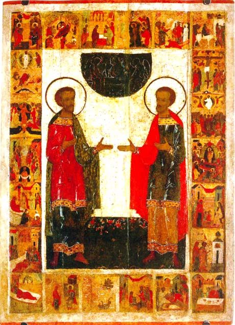 Святые целители Косма и Дамиан, с праздниками и житием  Вторая половина XVI века. Кострома.